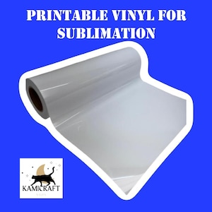 May include: A roll of white printable vinyl for sublimation. The vinyl is rolled up and has a white core. The vinyl is on a blue background.