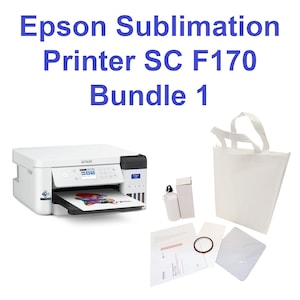 May include: White Epson SC-F170 sublimation printer with a colorful design printed on a white t-shirt. The printer is part of a bundle that includes a white tote bag, a roll of sublimation paper, a heat press, and a set of sublimation inks.