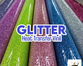 May include: Rolls of glitter heat transfer vinyl in various colors, including green, pink, blue, silver, and purple. The text "GLITTER Heat Transfer Vinyl" is displayed on the image.