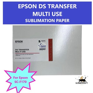 May include: Epson DS Transfer Multi Use Sublimation Paper. The package is white with a label that includes the Epson logo and product details. The paper is 8.5 x 11 inches. The text "For Epson SC-F170" is also visible.