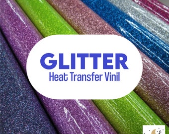 May include: Assortment of glitter heat transfer vinyl rolls in various colors, including purple, green, blue, silver, and pink. The rolls are arranged in a fan shape with the text "GLITTER Heat Transfer Vinyl" in the center.