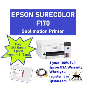 May include: White Epson SureColor F170 sublimation printer with a free 100 sheets of Epson paper and 1 roll of tape. The printer has a 1 year 100% full Epson USA warranty when you register it on Epson.com.