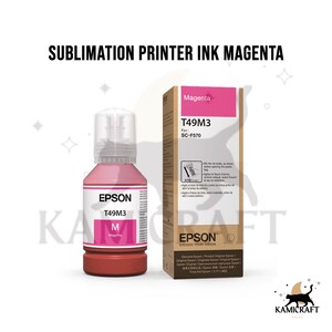 May include: Magenta sublimation printer ink by Epson. The image shows a bottle and a box of T49M3 ink for the SC-F570 printer. The bottle is pink with a red base, and the box has magenta accents.