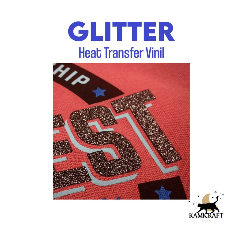 May include: Close-up of a pink shirt with the word "BEST" printed in brown glitter heat transfer vinyl. The letters are outlined in white and there are blue stars on either side of the word.