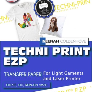 May include: A white t-shirt with a colorful graphic print of people on a skateboard. The t-shirt is on a blue background with the text "T-SHIRT PRINTING" and "TECHNI-PRINT TRANSFER PAPER". The image also shows a pillow with a brown dog on it. The text "NEENAH COLDENHOVE" is below the pillow. The text "TECHNI PRINT EZP" is in large white letters on a blue background. The text "TRANSFER PAPER For Light Gaments and Laser Printer" is below the large text. The text "CREATE, CUT, IRON-ON, WASH." is below the previous text. The text "TECHNI-PRINT® EZP" is in yellow letters on a white background.