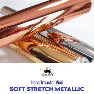 May include: Two rolls of metallic heat transfer vinyl. One roll is rose gold and the other is silver. The vinyl is soft and stretchy, making it ideal for use on a variety of fabrics.