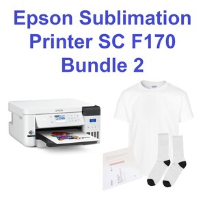 May include: White Epson Sublimation Printer SC F170 Bundle 2. Includes a white t-shirt, two pairs of white socks with black heels and toes, and a sheet of paper. The printer is printing a colorful design.