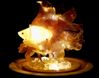 Handmade Mini Betta Fish Aquarium Lamp, Ocean Theme Ambient Mood Light, Sparkling Goldfish Lantern Night Light, USB Rechargeable