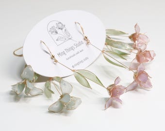 Handmade Resin Iris Flower Dangle Earrings - Romantic Sparkling Jewelry Clip On Available