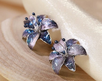 Handmade Wire Resin Sparkling Celestial Lily Flower Stud Earrings