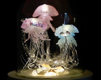 Handmade Jellyfish Night Light Table Lamp - Ocean Themed Tropical Decor Glass Dome