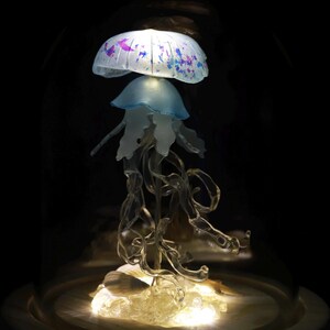 Handmade Mini Jellyfish Night Light Table Lamp - Ocean Themed Tropical Decor Glass Dome Aquarium, USB Rechargeable Night Light