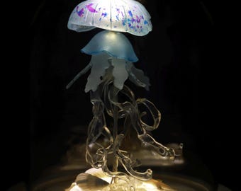 Handmade Mini Jellyfish Night Light Table Lamp - Ocean Themed Tropical Decor Glass Dome Aquarium, USB Rechargeable Night Light