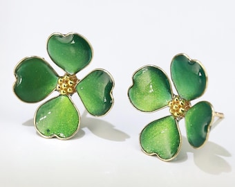 Handmade Four-Leaf Clover Earrings, Sparkling Green Enamel Style Shamrock Studs, Emerald Colored Resin Lucky Charm, St. Patrick’s Day  Gift