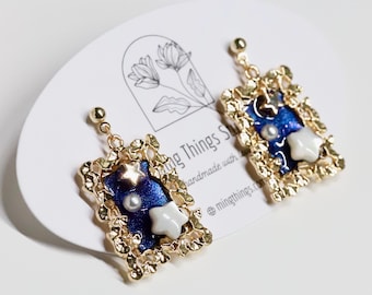 Starry Night Handmade Drop Statement Earrings: Romantic Sapphire Celestial Galaxy Jewelry, Gold & Pearl Stars with Floral Frame Accessories