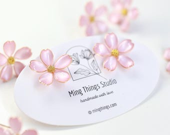 Handmade Wire Resin Cherry Blossom Pearlescent Stud Earrings, Floral Romantic Pink Sakura Stud, Clip On Available