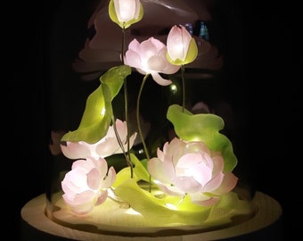 Handmade Lotus Flower Night Light, Water Lily Pond Fairy Light, Glass Dome Floral Lamp, Goldfish Lantern, Eternal Flower Gift for Loved Ones
