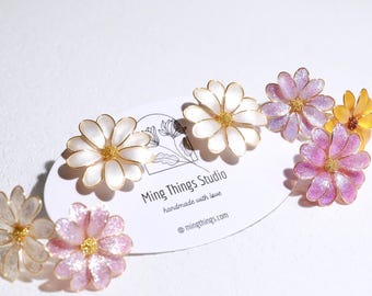 Handmade Daisy Blossom Sparkling Stud Earrings and Adjustable Rings. Elegant Crushed Diamond Jewelry. April Birth Flower. Clip-on Available.
