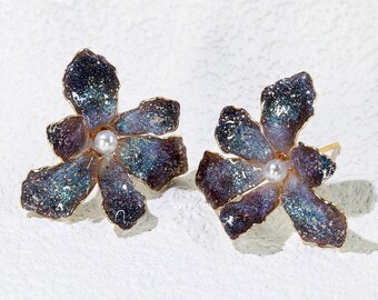 Handmade Iridescent Iris Orchid Flower Stud Earrings,  Resin Floral Whimsical Elegant Jewelry, Botanical Nature Inspired Accessories