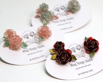 Handmade Wire Resin Rose Stud Earrings, June Birth Flower Accessories, Peony Flower Earrings