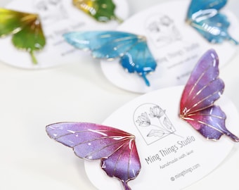 Handmade Shimmery Butterfly Stud Earrings, Sparkling Jewel-Tone Statement Earrings, Gradient Glittering Fairy Wing Wire Resin Jewelry,