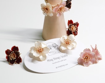 Handmade Camellia Flower Stud Earrings and Adjustable Ring, Nature Inspired Romantic Pearlescent Floral Resin Jewelry, Clip-On Available