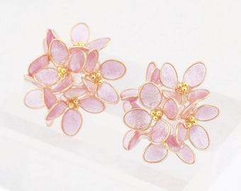 Pendientes artesanales de flores de hortensia lila, anillos ajustables, joyería floral romántica, delicados pendientes botánicos, regalo, hipoalergénicos, con cierre de clip.