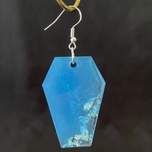 Blue & Clear Resin Halloweens Coffin Earrings with Silver Flakes Hand Crafted