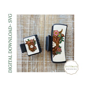 Claw Clip SVG, Highland Cow with flowers Claw Clip, digital download, Glowforge tested laser cut file