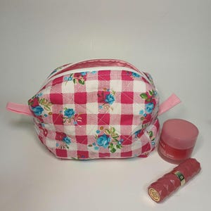 Trousse de toilette matelassée écossaise - Organiseur de maquillage et de soins de la peau rose - Jolie pochette pour indispensables