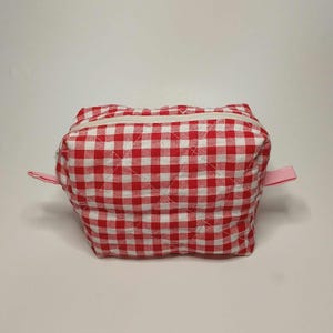 Karierte gesteppte Make-up-Tasche - rote und weiße Kosmetiktasche für Make-up und Hautpflege Utensilien