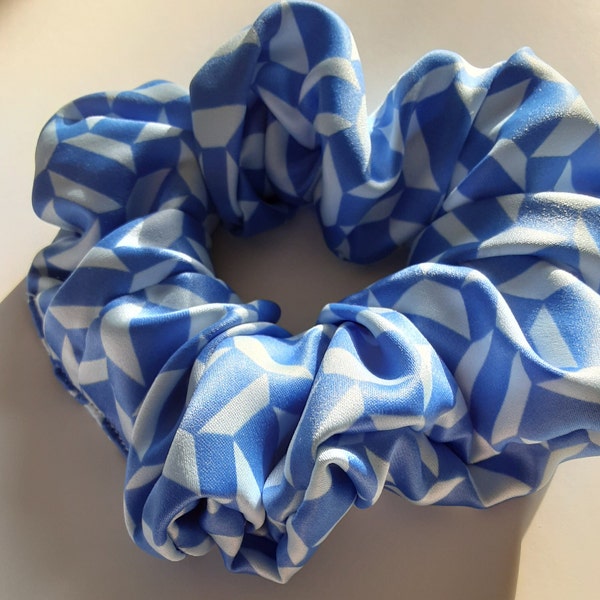 Blue Checkered Satin Scrunchie | Racetrack Shiny Hair Tie | Gentle Soft Hair | Sporty | Made in Canada | Fashion Accessory