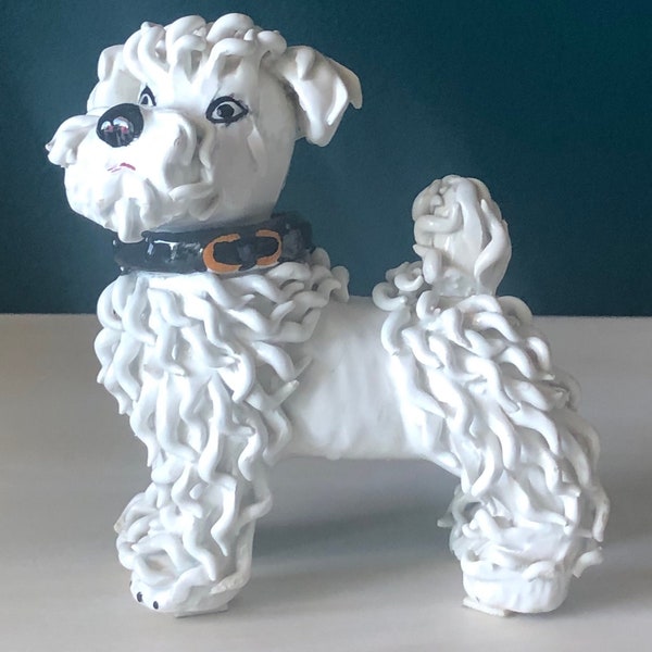 Vintage White Ceramic Standing Spaghetti Poodle Figurine W/Collar Italy