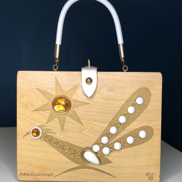 Enid COLLINS of Texas Vintage Early 1960’s Bejeweled Wooden Square Top Hand Bag. “Roadrunner”