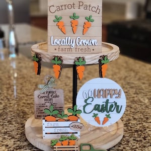 Easter Tiered Tray Decor | Carrot Patch & Farm Fresh Carrots Signs | Happy Easter Cutting Board | Wooden Mini Signs for Spring Kitchen