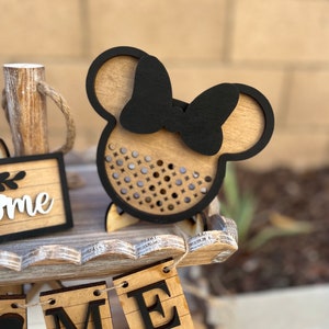 Disney Home Tiered TrayMickey Mouse DecorCane Sign Mouse EarsWelcome HomeThis House Runs on DisneyTiered Tray SignsFarmhouse Decor Minnie Head W Bow