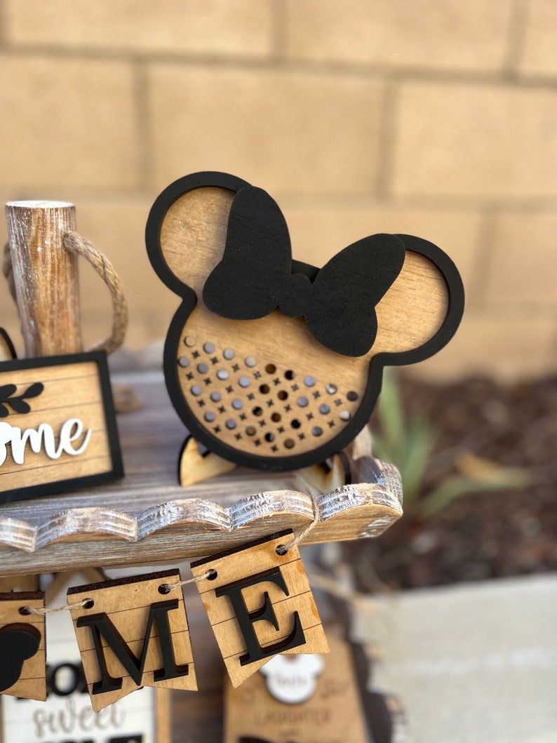 Disney Home Tiered TrayMickey Mouse DecorCane Sign Mouse EarsWelcome HomeThis House Runs on DisneyTiered Tray SignsFarmhouse Decor Minnie Head W Bow