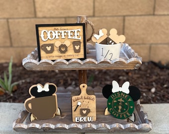Disney Coffee Bar Tiered Tray Decor | Bibbidi Bobbidi Brew Sign | Starbucks Style | Mickey & Minnie Cake Pop Mini Signs