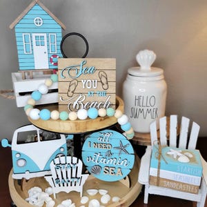 Beach Tiered Tray Decor | Wooden Mini Sign Set | Vitamin Sea Summer Shelf Decor | Coastal Coffee Bar Tray | Ocean Home Decor