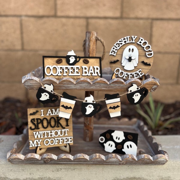 Coffee Bar I Freshly Boo'd Coffee I I Am Spooky Without My Coffee I Halloween Ghost Coffee Tiered tray set I Wooden Signs