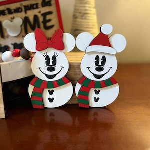 Disney Mickey Snowman Tiered Tray Decor | Christmas Mickey Mini Signs | Disney Holiday Coffee Bar Decor | Winter Shelf Sitter for Home
