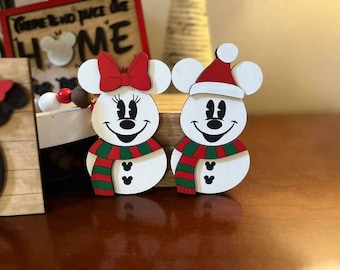 Disney Mickey Snowman Tiered Tray Decor | Christmas Mickey Mini Signs | Disney Holiday Coffee Bar Decor | Winter Shelf Sitter for Home