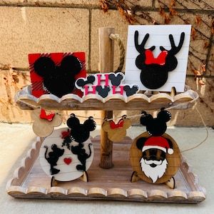 Mickey Mouse Christmas Tiered Tray Decor | Minnie Reindeer, Santa Mickey, Garland & Ho Ho Ho Signs | Disney Holiday Shelf Display
