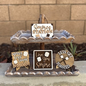 S’mores Tiered Tray Decor Set | Let’s Get Toasted & Laugh S’more Signs | Camping Kitchen Display | Marshmallow Mini Wood Signs