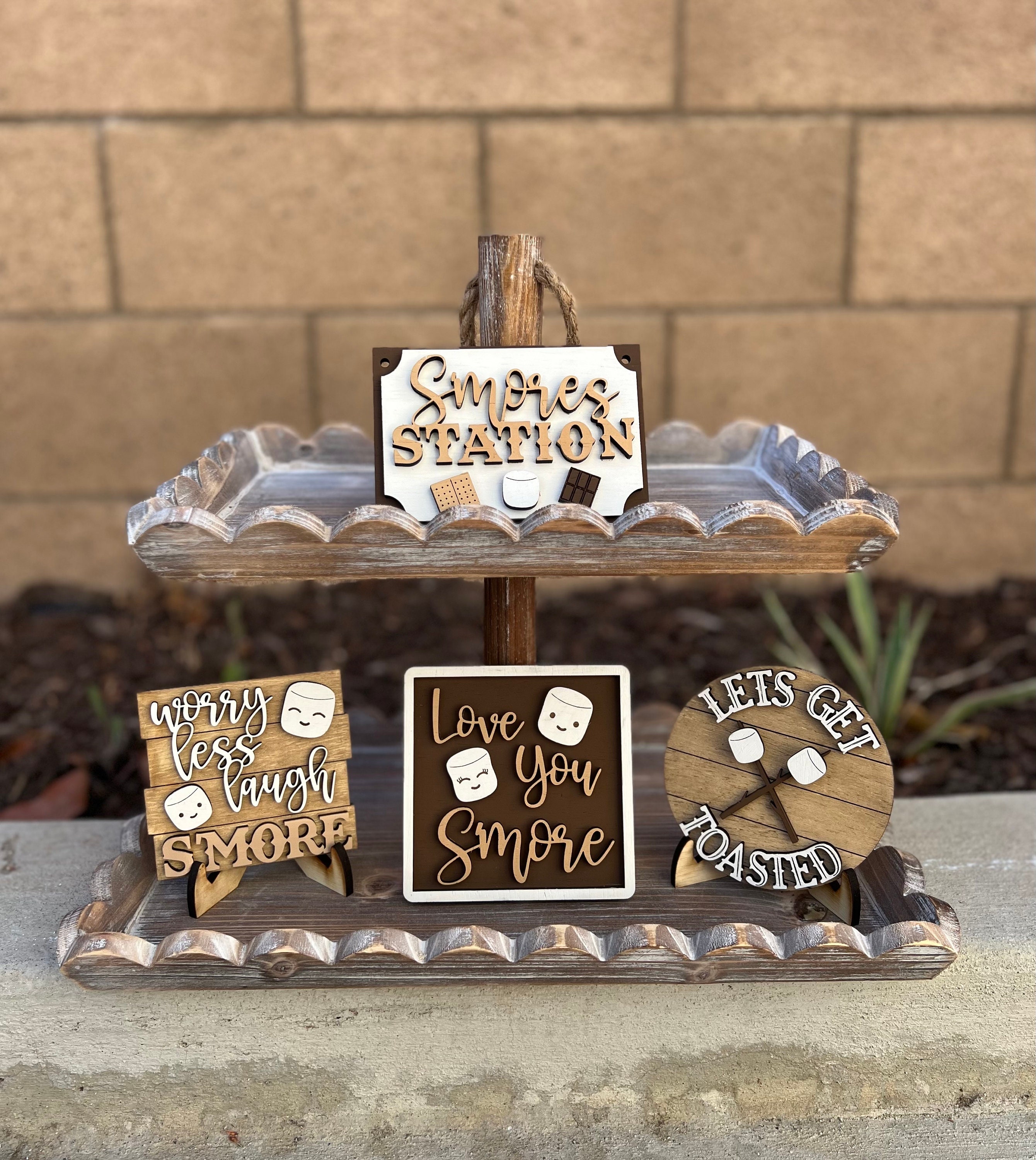 S’mores Tiered Tray Decor Set | Let’s Get Toasted & Laugh S’more Signs | Camping Kitchen Display | Marshmallow Mini Wood Signs