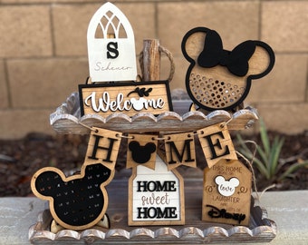 Disney Home Tiered Tray|Mickey Mouse Decor|Cane Sign| Mouse Ears||Welcome Home|This House Runs on Disney|Tiered Tray Signs|Farmhouse Decor|