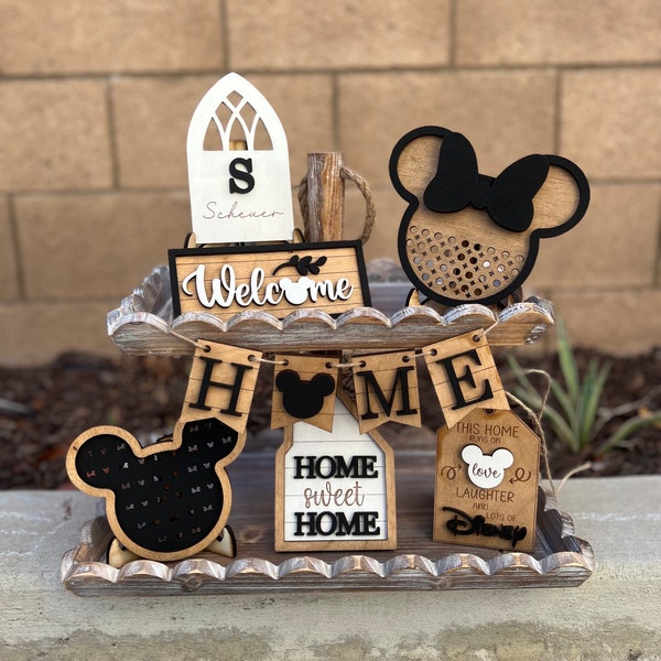 Disney Home Tiered Tray|Mickey Mouse Decor|Cane Sign| Mouse Ears||Welcome Home|This House Runs on Disney|Tiered Tray Signs|Farmhouse Decor|