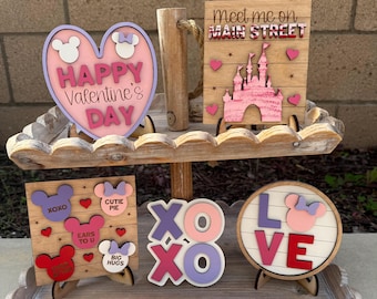 Disney Valentine’s Day Tiered Tray Decor | Mickey & Minnie Sweethearts Night Signs | Cute Valentine Coffee Bar | Disney Love Shelf Decor