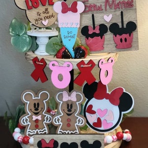 Disney Valentine’s Day Tiered Tray Decor | Be My Valentine & Soul Mates Signs | Mickey Minnie Sweetheart Shelf Decor | Love Mini Tray Signs