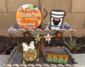 Disney Fall Tiered Tray Decor | Mickey & Minnie Pumpkin Signs | Autumn Coffee Bar Decor | Disney Leaves Please | Fall Home Shelf Decor